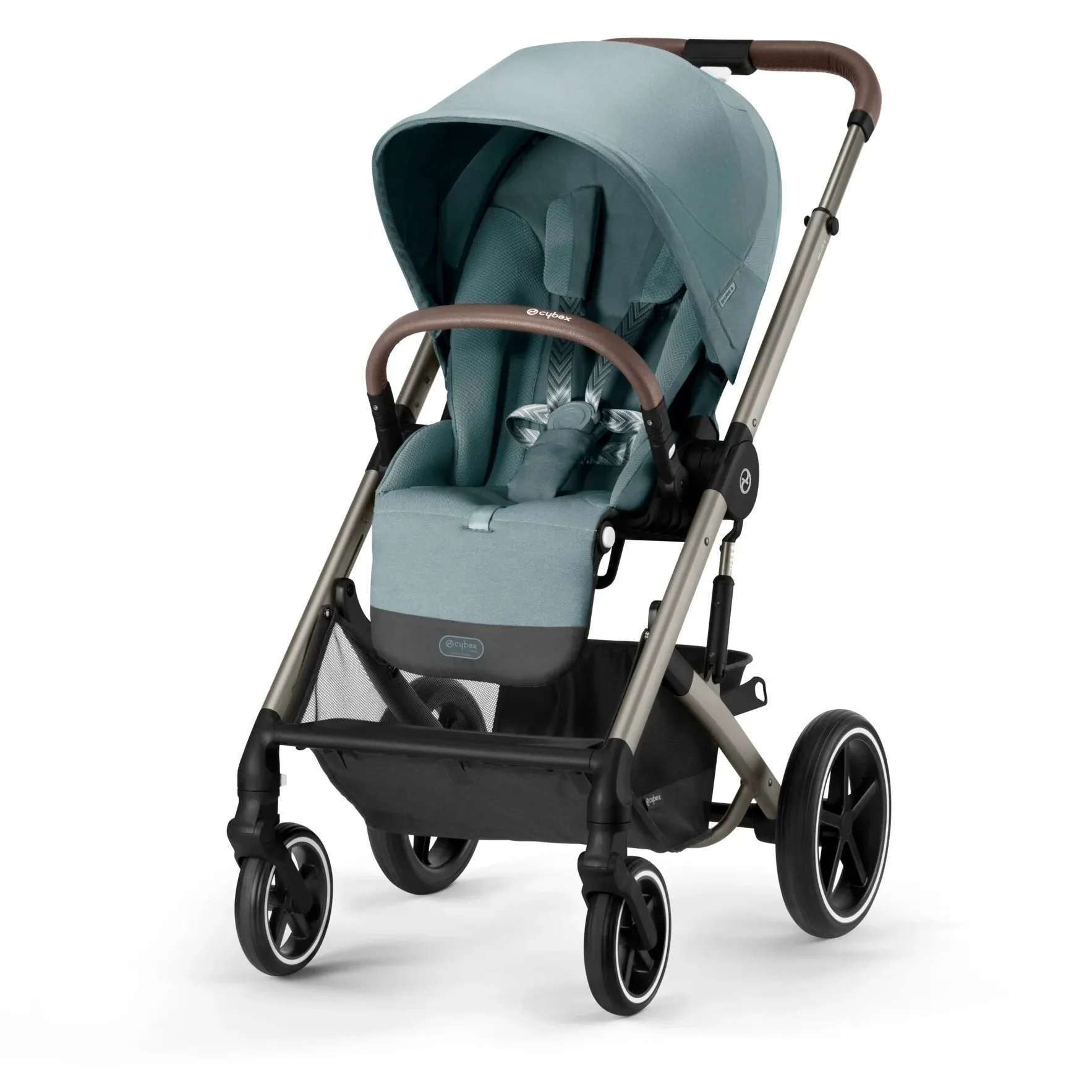 Cybex Balios S Lux с голубым прогулочным блоком на шасси цвета таупе, кожаная ручка