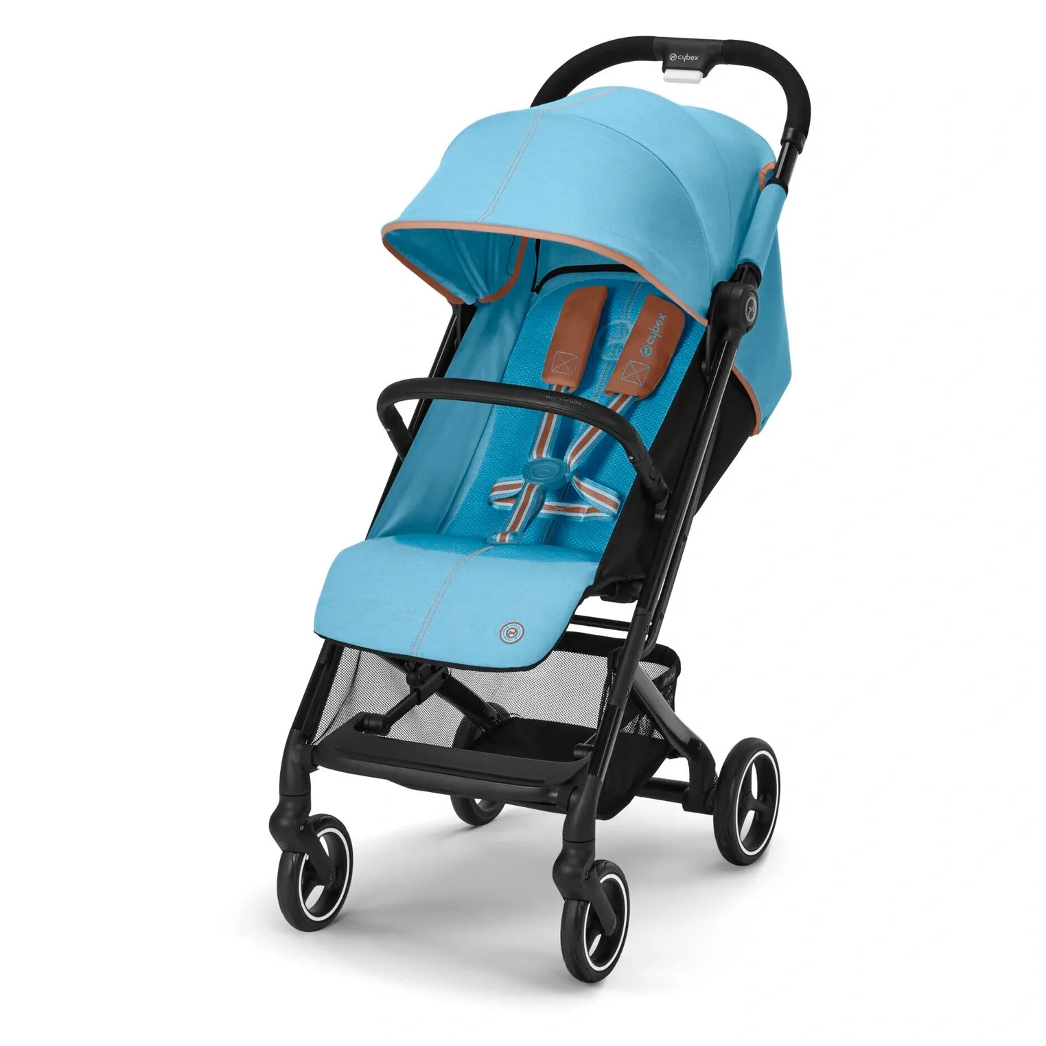 Cybex Beezy голубого цвета с бежевой отделкой на чёрном шасси