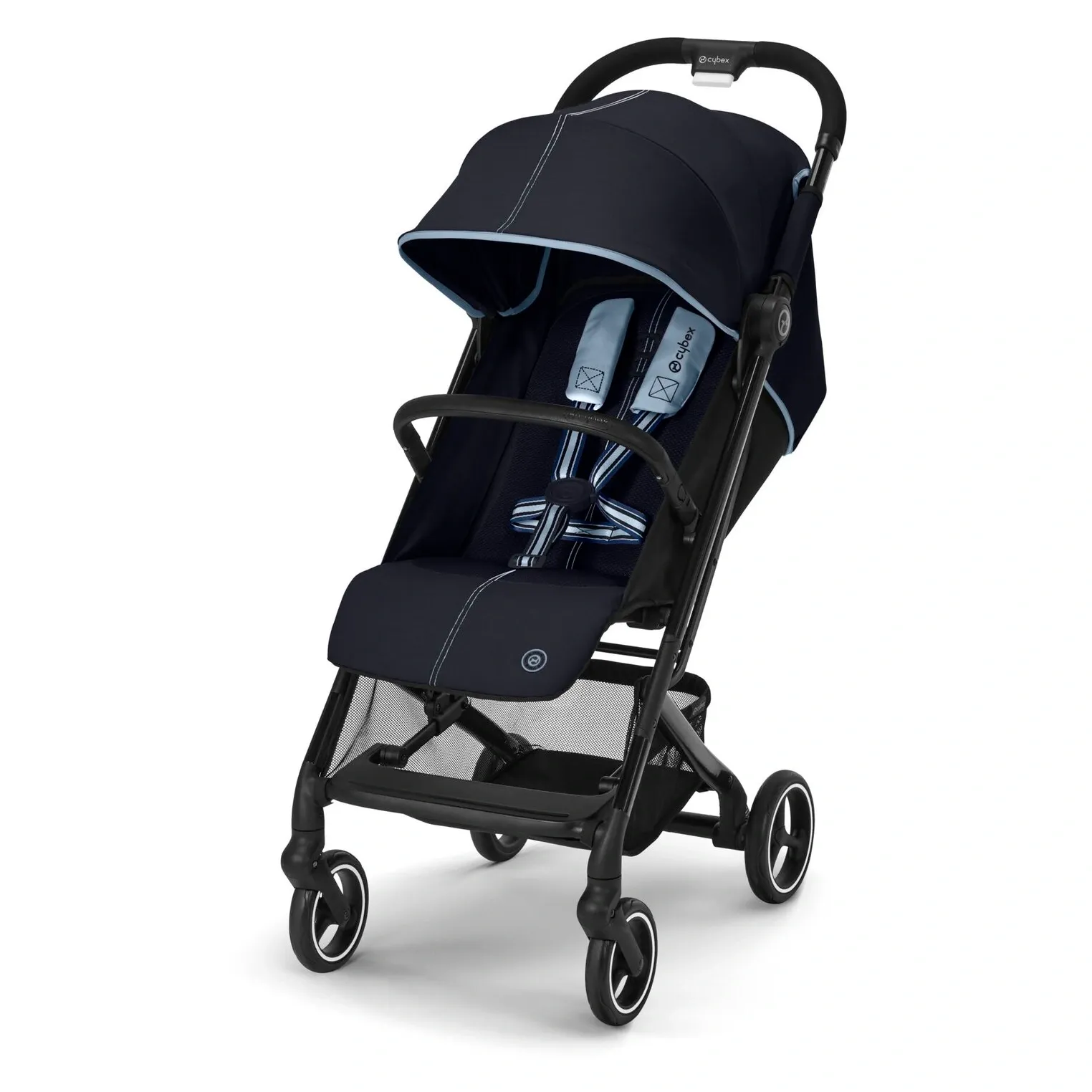 Cybex Beezy тёмно-синего цвета с голубой отделкой на чёрном шасси