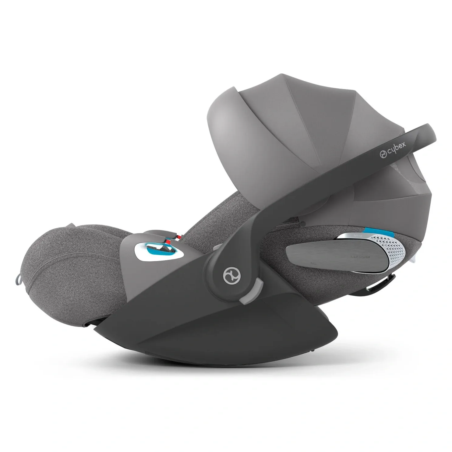 Автолюлька Cybex Cloud серого меланжевого цвета, разложенная в горизонтальное положение
