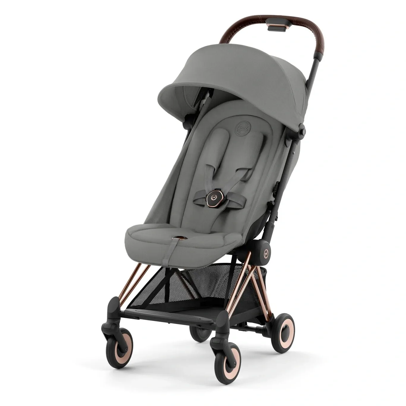 Cybex Coya серого цвета на шасси цвета розового золота, кожаная ручка