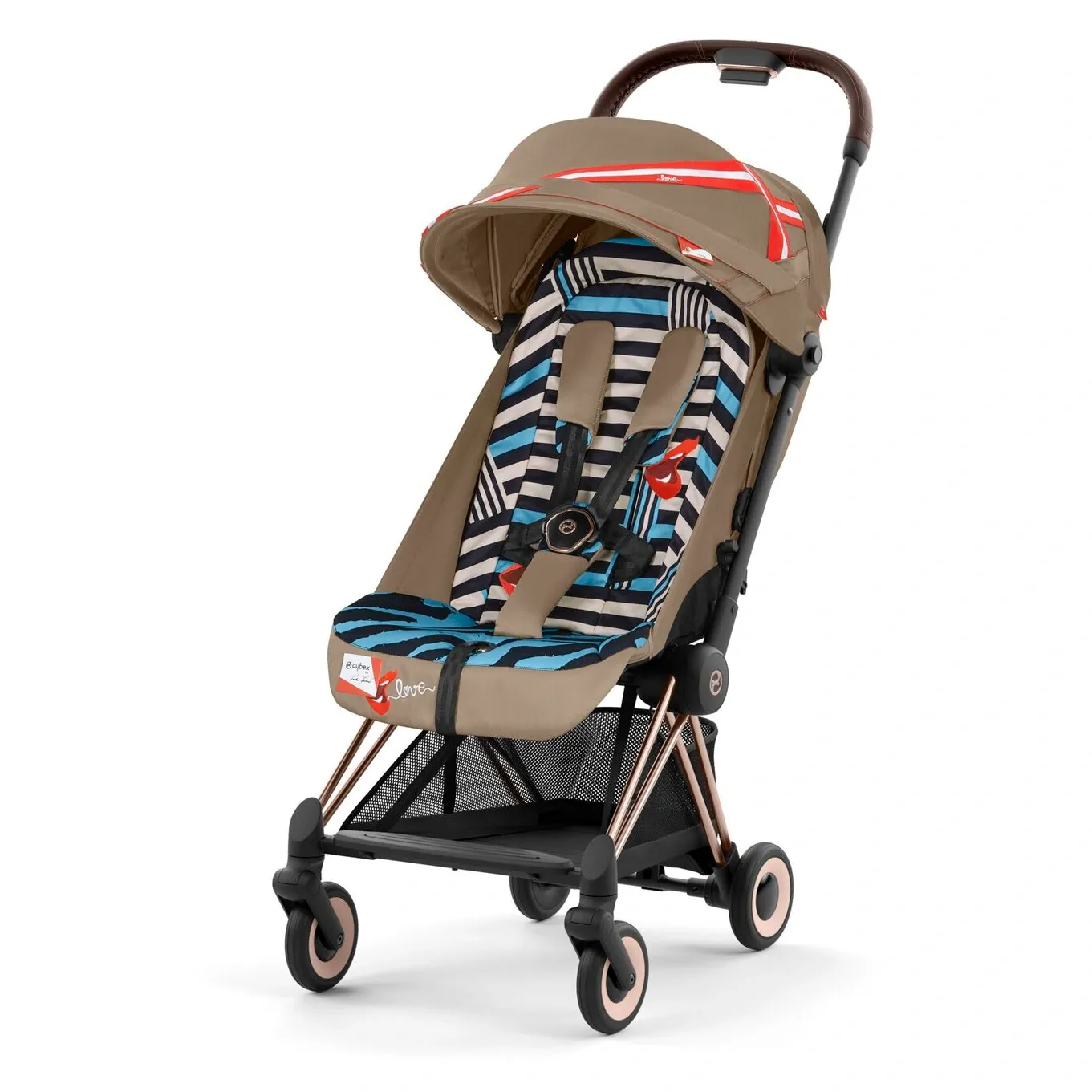 Cybex Coya в отделке One Love: хаки с сине-белой полоской и красными акцентами, шасси цвета розового золота