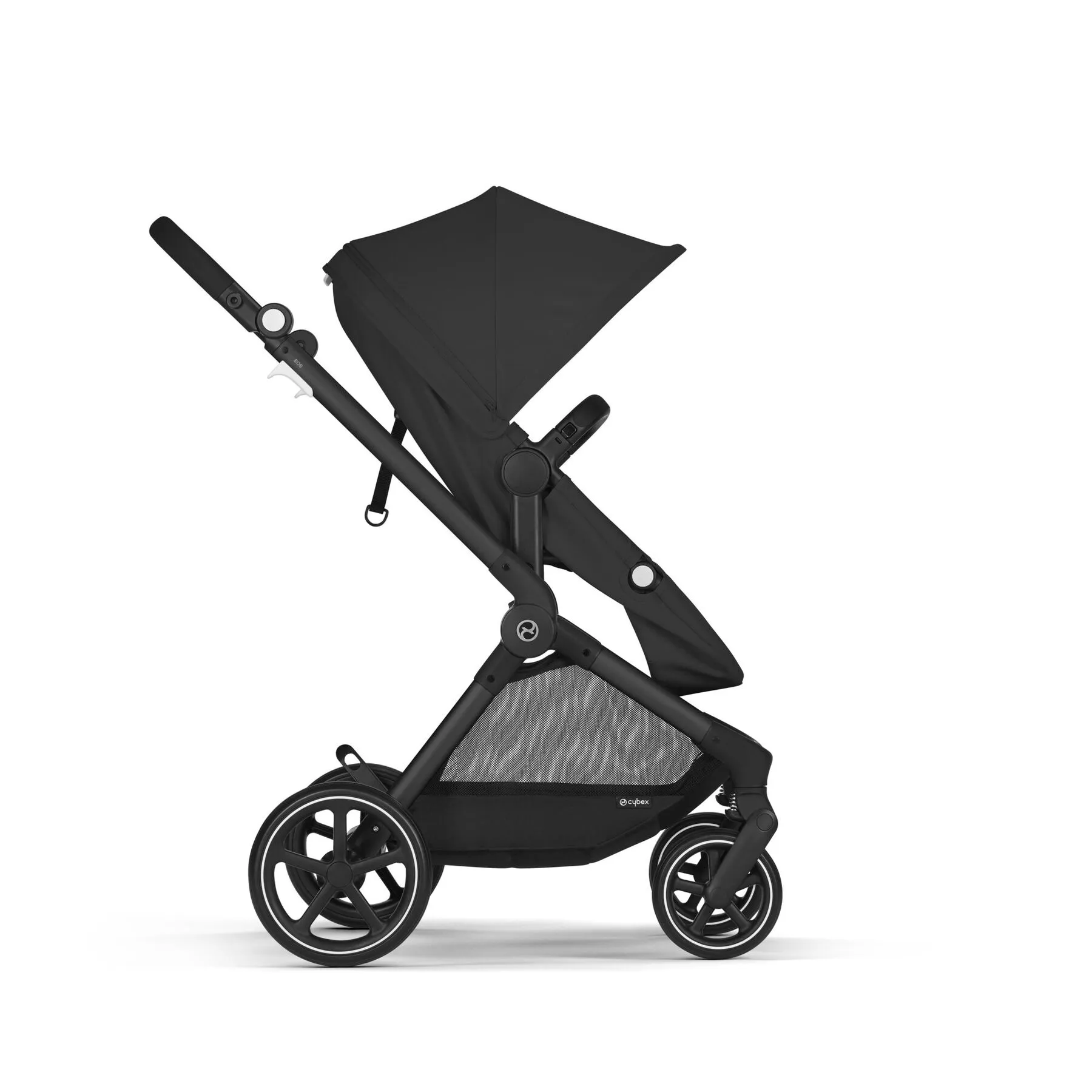Cybex Eos в отделке Moon Black: чёрный текстиль на чёрном шасси, в разложенном виде