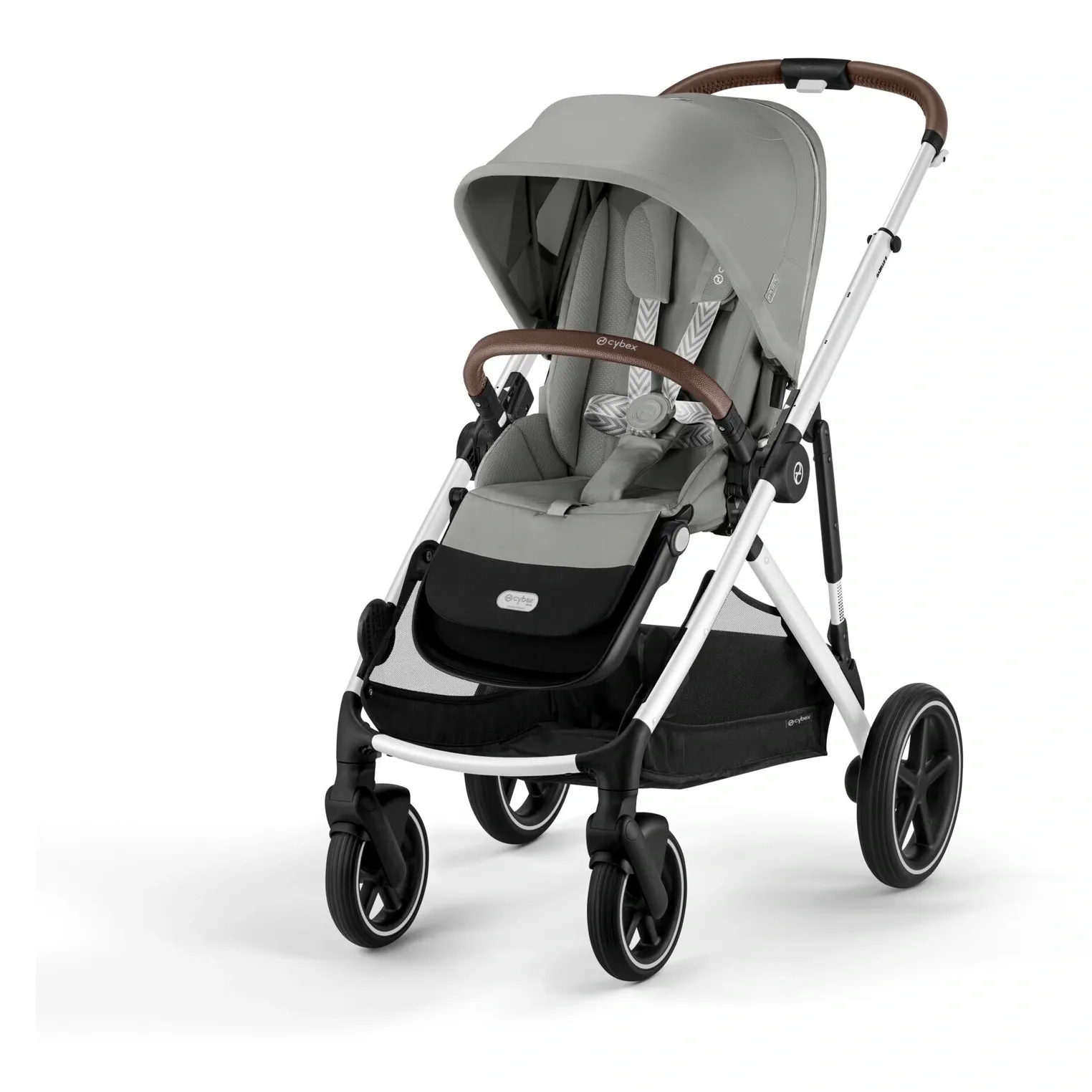 Cybex Gazelle S с серым прогулочным блоком на серебристом шасси, кожаная ручка
