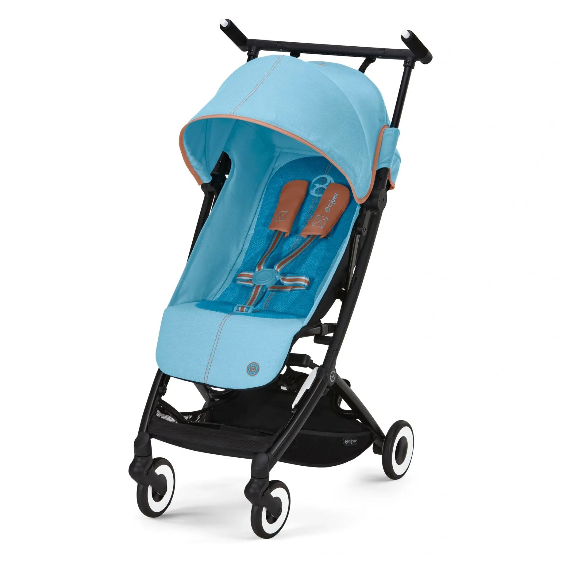Cybex Libelle голубого цвета Beach Blue в разложенном виде, чёрное шасси