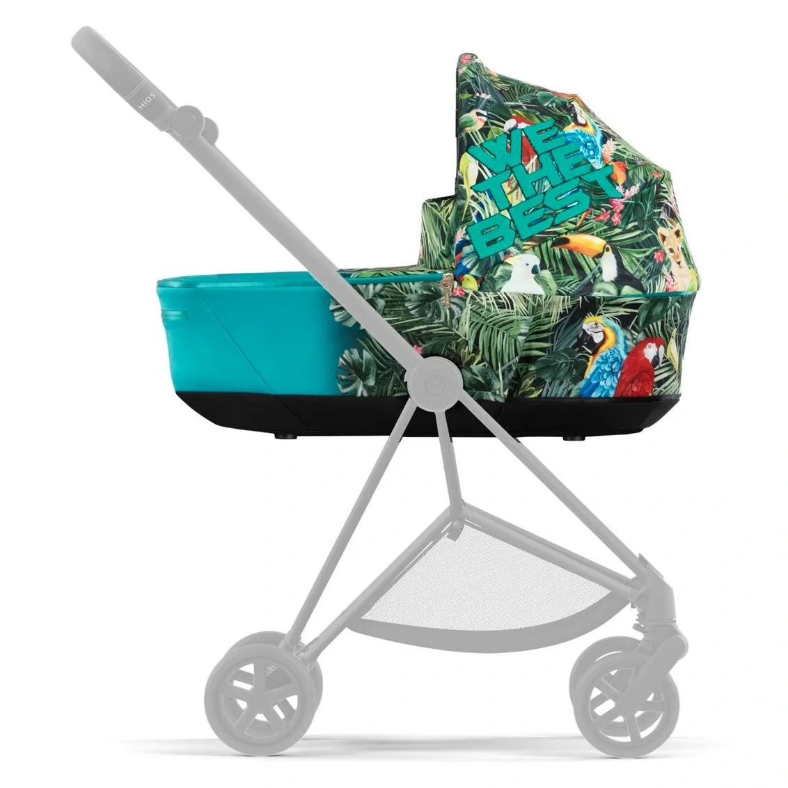 Люлька Cybex Mios Lux в отделке We The Best: тропический принт с попугаями, бирюзовое основание