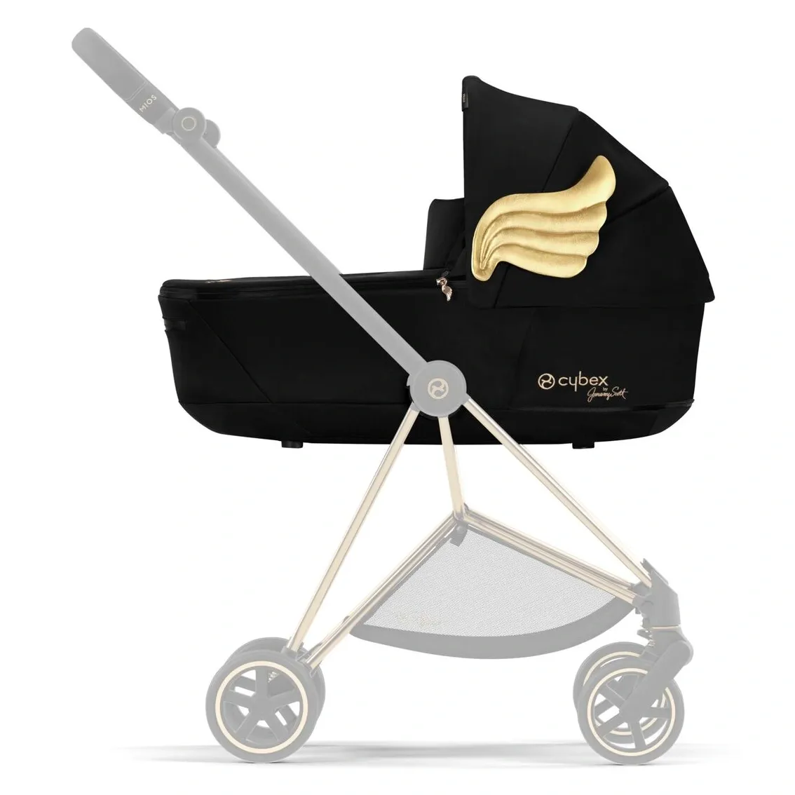 Люлька Cybex Mios Lux в отделке Wings: чёрный текстиль с золотым крылом, на хромированном шасси Mios