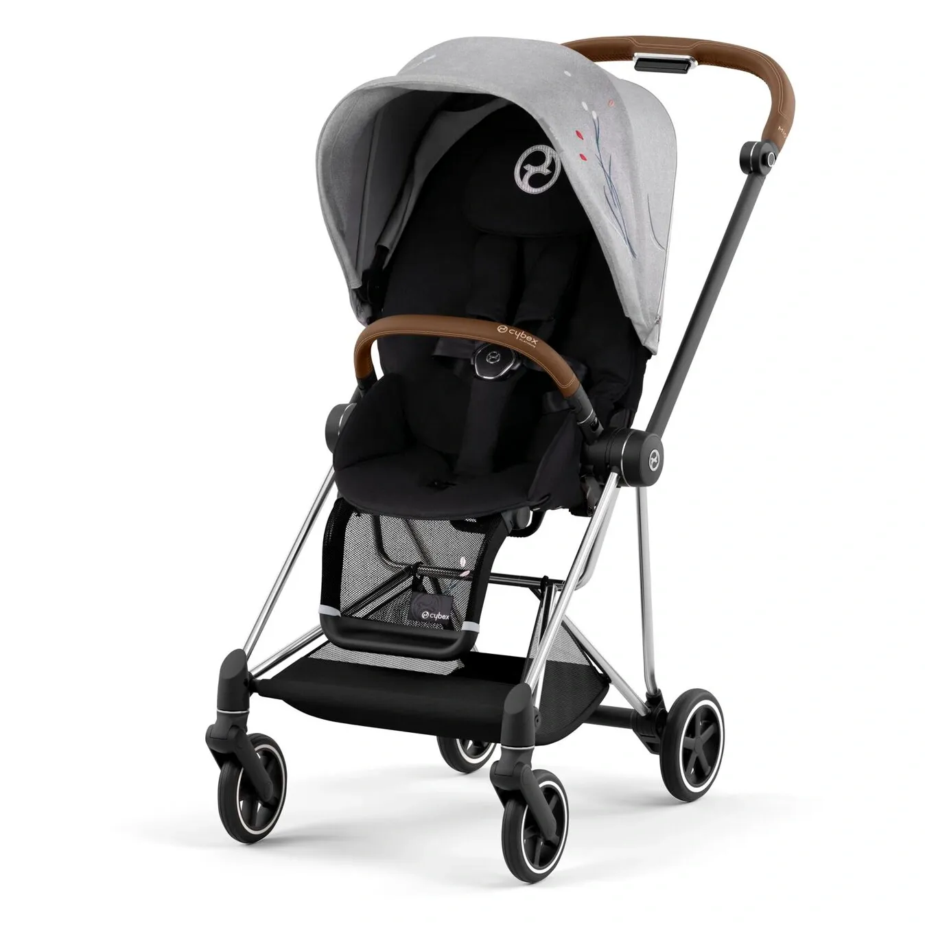 Прогулочный блок Cybex Mios с серым капюшоном в мелкий цветочный рисунок на хромированном шасси