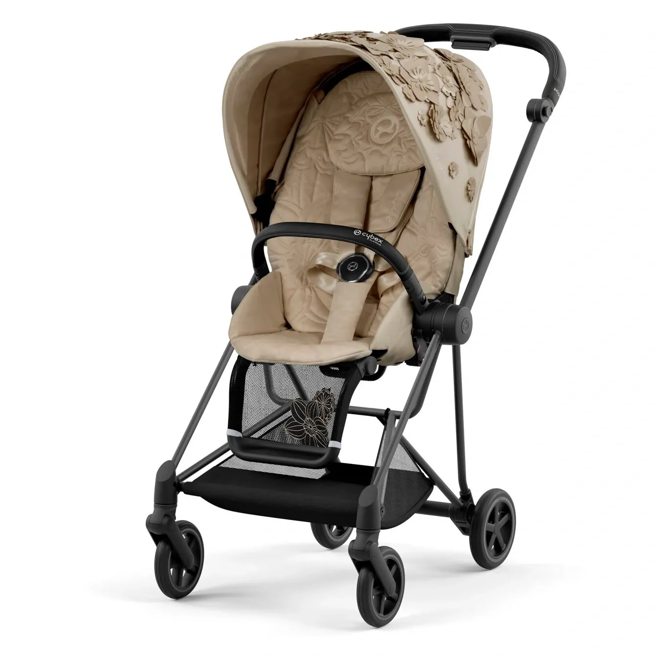 Прогулочный блок Cybex Mios в отделке Simply Flowers: бежевый текстиль с объёмными цветами, чёрное шасси