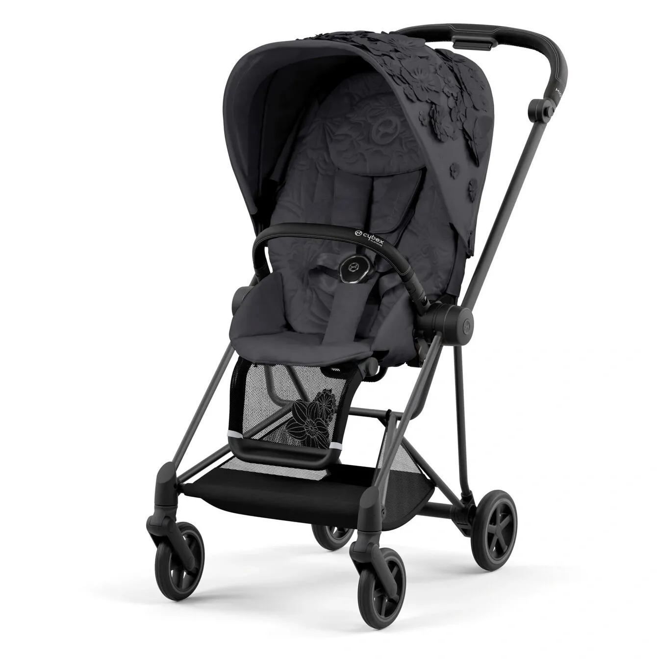 Прогулочный блок Cybex Mios в отделке Simply Flowers: тёмно-серый текстиль с объёмными цветами, чёрное шасси