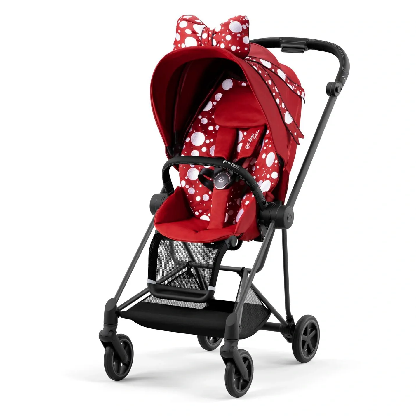 Прогулочный блок Cybex Mios в отделке Petticoat: красный текстиль в белый горох с бантом на капюшоне