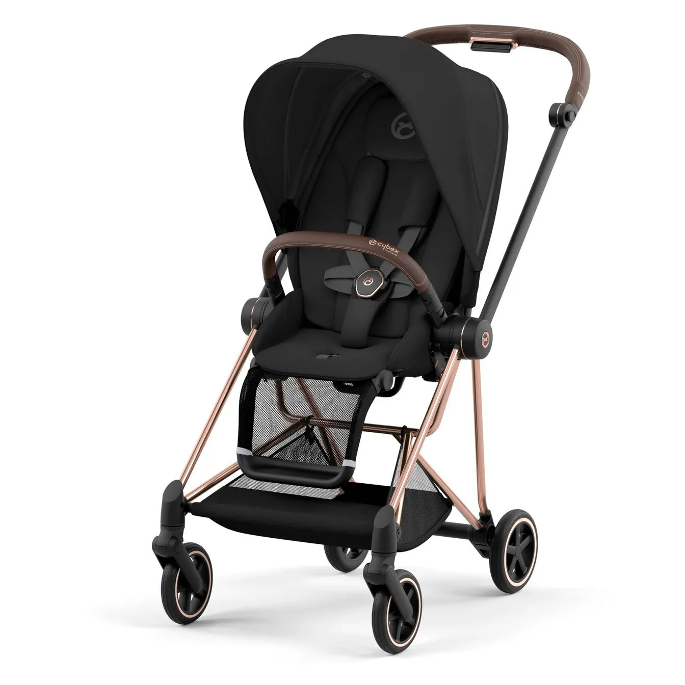 Коляска Cybex Mios с прогулочным блоком: чёрный текстиль, шасси цвета розового золота, кожаная ручка