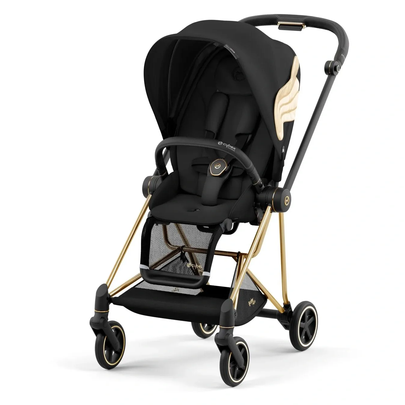 Прогулочный блок Cybex Mios в отделке Wings: чёрный текстиль с золотым крылом на капюшоне, золотое шасси
