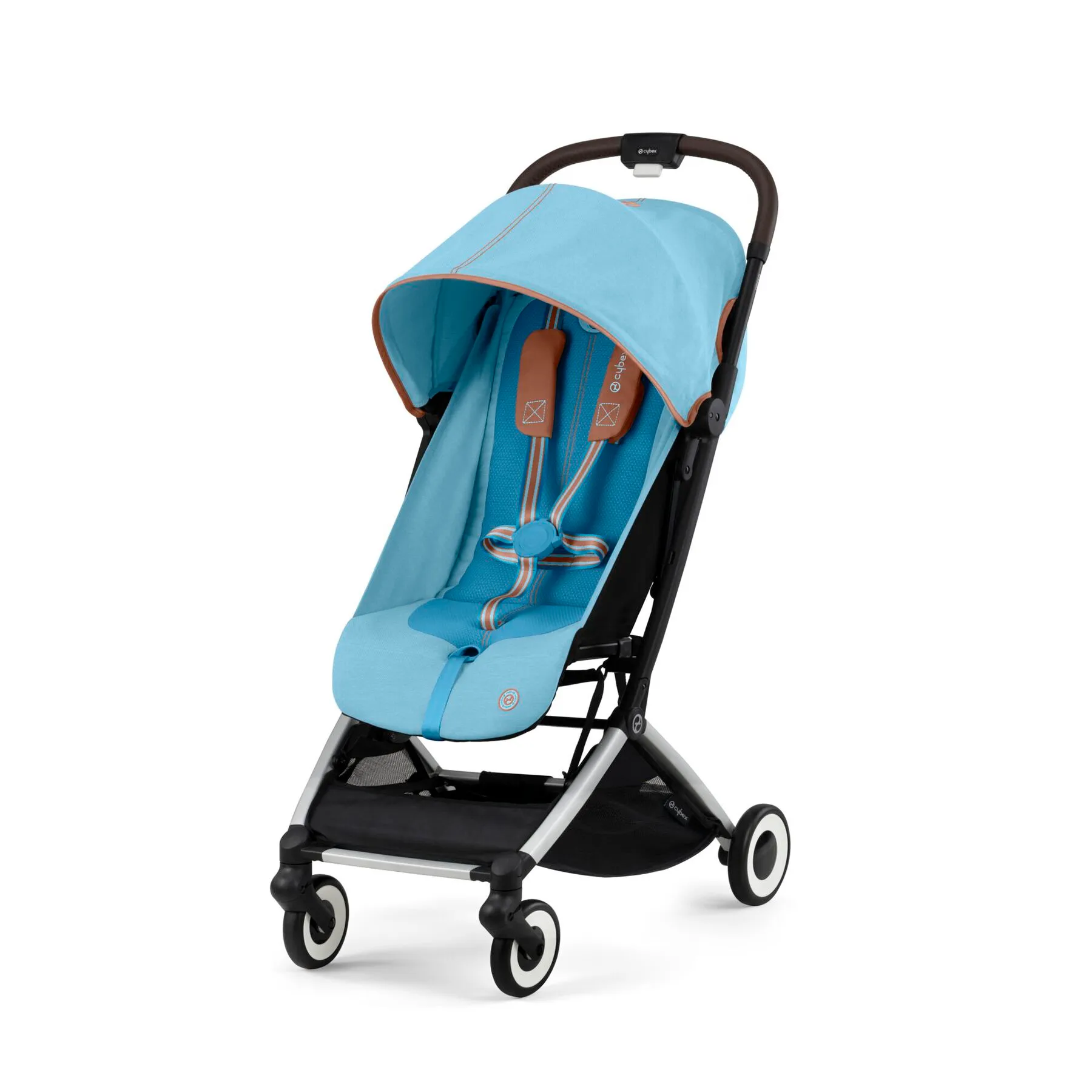 Cybex Orfeo в отделке Beach Blue: голубой текстиль с коричневой кожаной отделкой, серебристое шасси