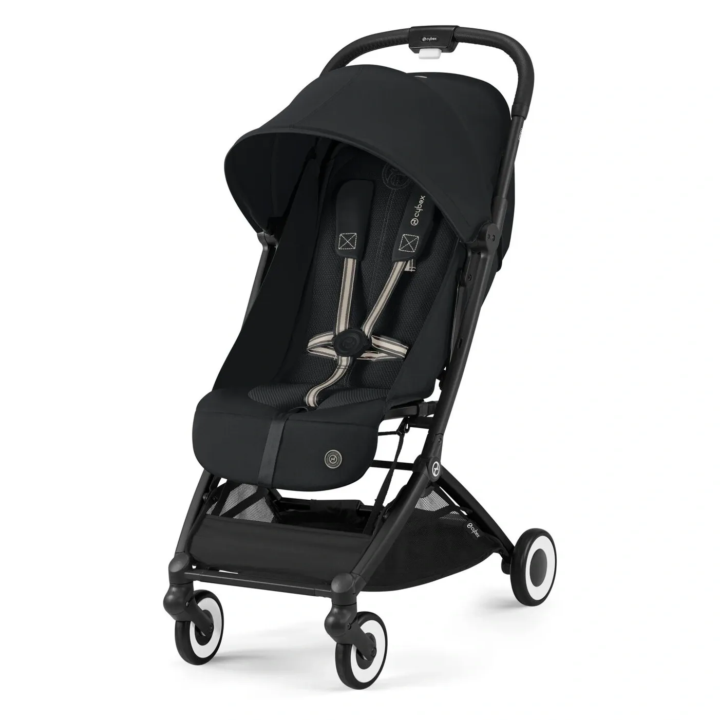 Cybex Orfeo чёрного цвета на чёрном шасси с белыми ободами колёс