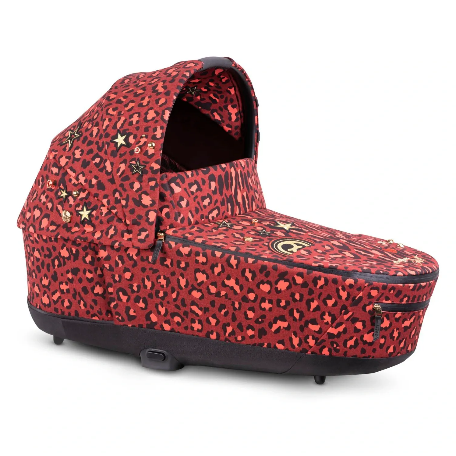 Люлька Cybex Priam Lux в отделке Rockstar: красный леопардовый принт с золотыми звёздами и заклёпками