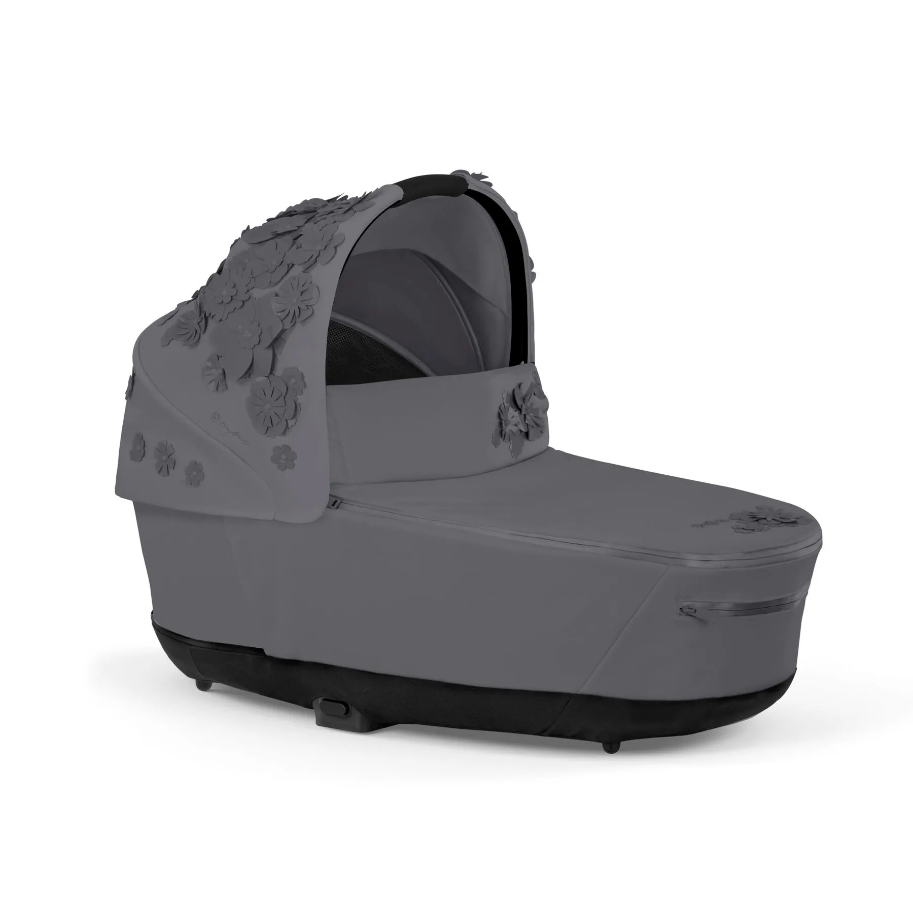 Люлька Cybex Priam Lux в отделке Simply Flowers: тёмно-серый текстиль с объёмными тканевыми цветами того же тона