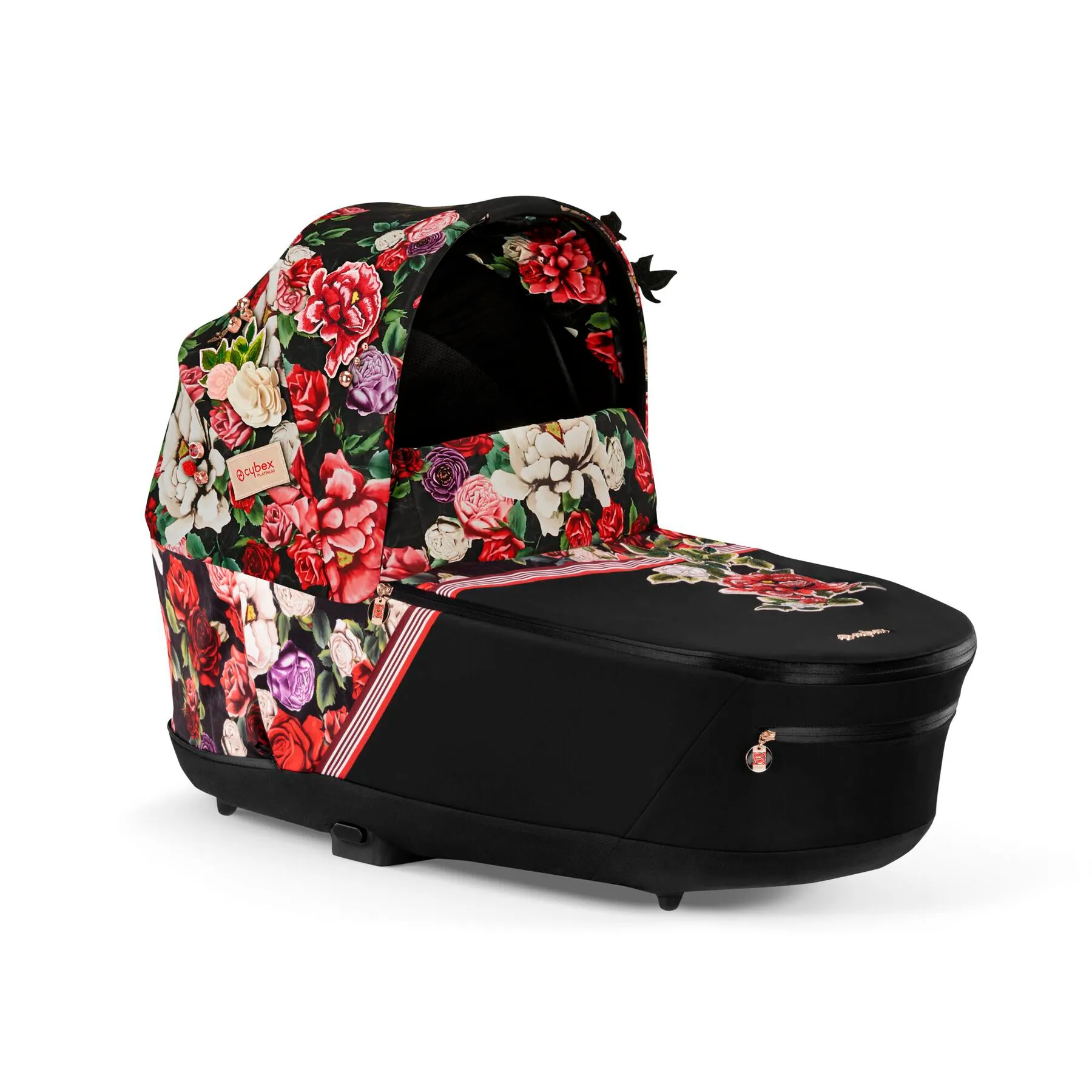 Люлька Cybex Priam Lux в отделке Spring Blossom Dark: чёрное основание с ярким цветочным принтом
