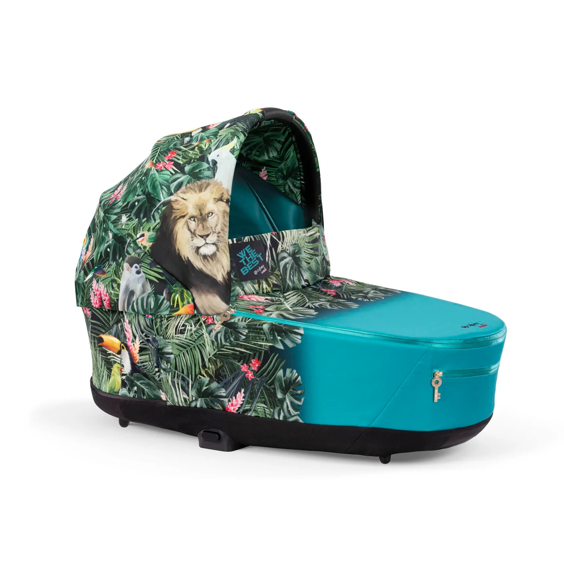 Люлька Cybex Priam Lux в отделке We The Best: джунгли со львом и попугаями на чёрном фоне, бирюзовое основание