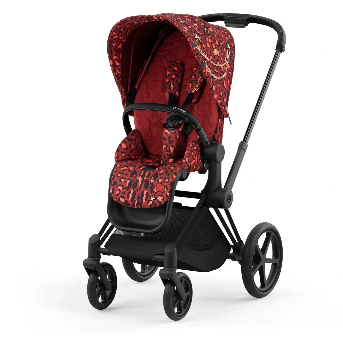 Прогулочный блок Cybex Priam в отделке Rockstar: красный леопард с золотыми звёздами и цепочкой, чёрное шасси